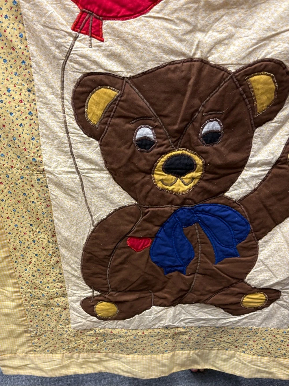 Vintage Handmade Yellow Teddy Bear Appliqué Baby Quilt with Red Balloon